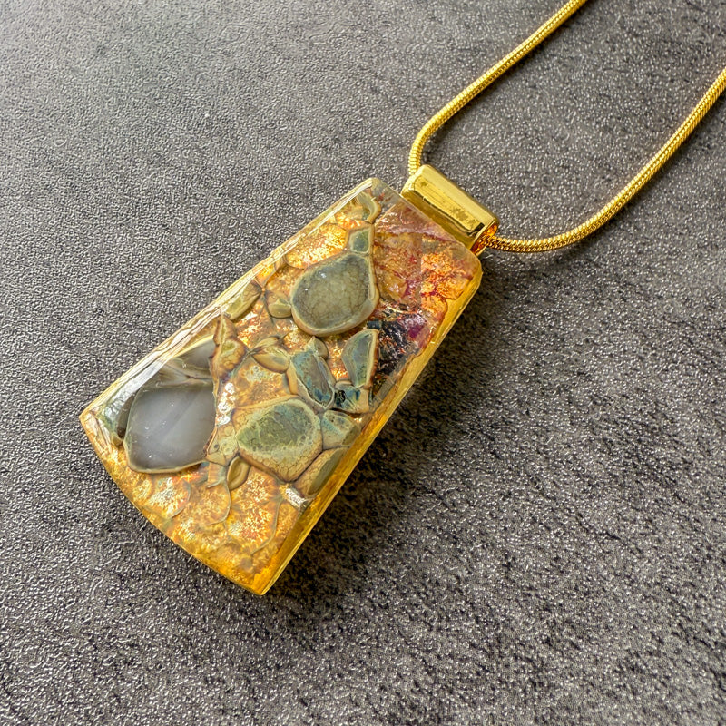 Scarlet Echo, Glimmerstone Fused Glass Necklace, crimson, gold