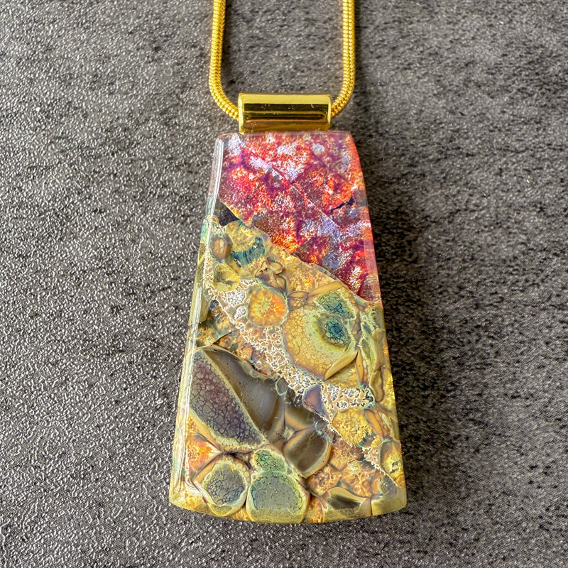 Bloodstone Bloom, Glimmerstone Fused Glass Necklace, crimson, gold