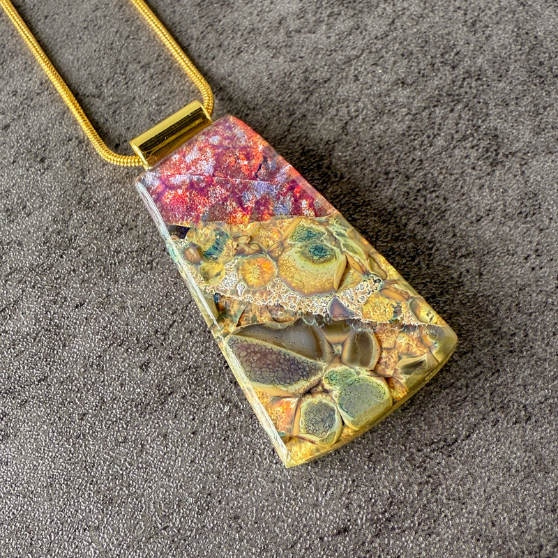Bloodstone Bloom, Glimmerstone Fused Glass Necklace, crimson, gold
