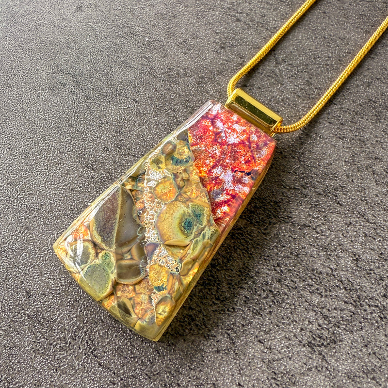 Bloodstone Bloom, Glimmerstone Fused Glass Necklace, crimson, gold