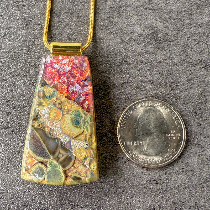 Bloodstone Bloom, Glimmerstone Fused Glass Necklace, crimson, gold