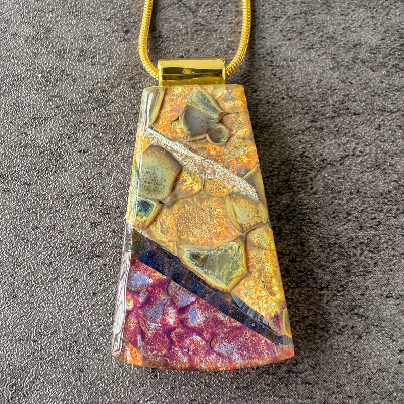 Sundusk Ember, Glimmerstone Fused Glass Necklace, crimson, gold