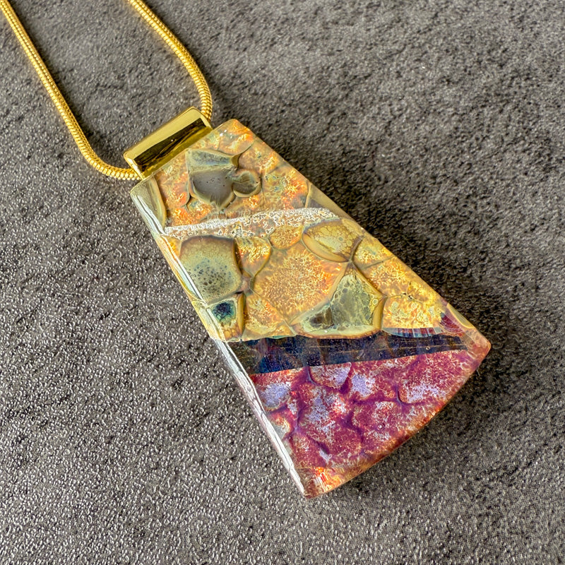 Sundusk Ember, Glimmerstone Fused Glass Necklace, crimson, gold