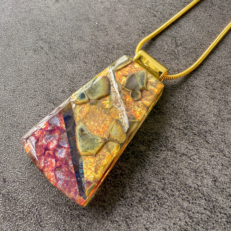 Sundusk Ember, Glimmerstone Fused Glass Necklace, crimson, gold
