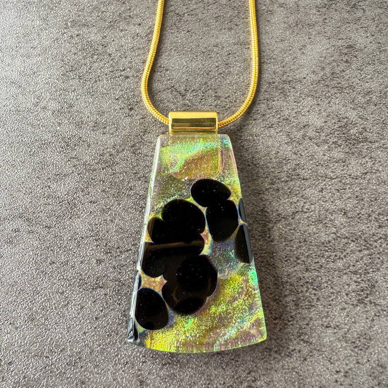 Tears of the Mountain, Glimmerstone Fused Glass Necklace, black, multicolor, gold