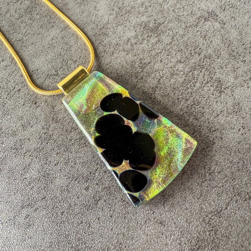 Tears of the Mountain, Glimmerstone Fused Glass Necklace, black, multicolor, gold