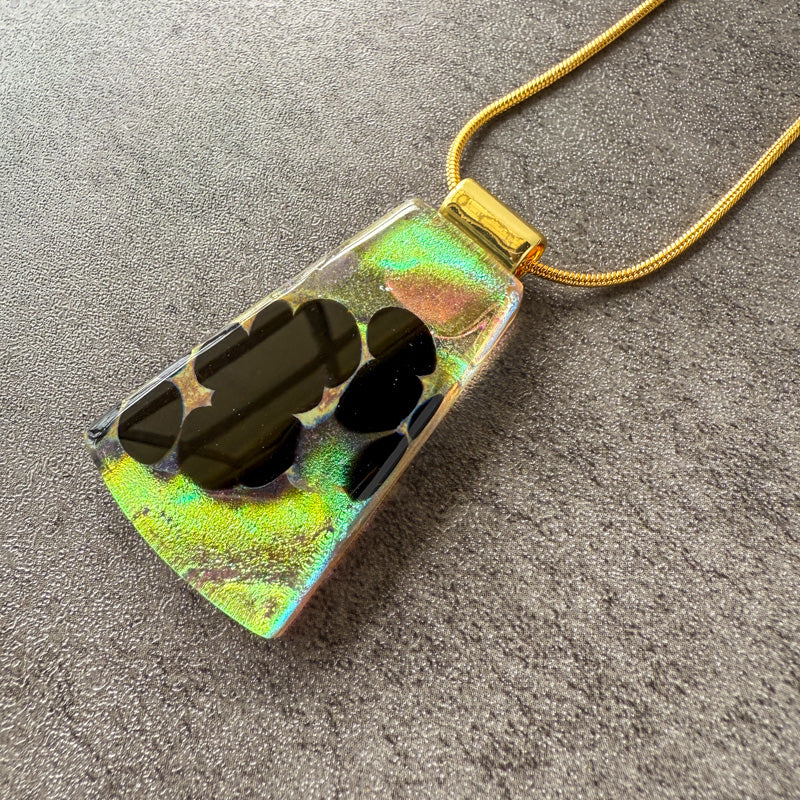 Tears of the Mountain, Glimmerstone Fused Glass Necklace, black, multicolor, gold