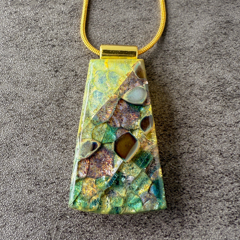 Twilight Grove, Glimmerstone Fused Glass Necklace, green, multicolor, gold