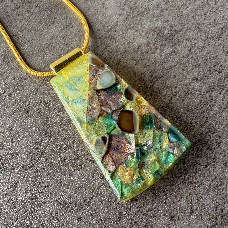 Twilight Grove, Glimmerstone Fused Glass Necklace, green, multicolor, gold