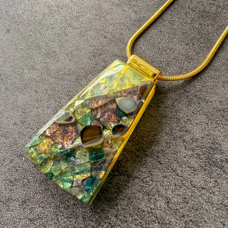 Twilight Grove, Glimmerstone Fused Glass Necklace, green, multicolor, gold