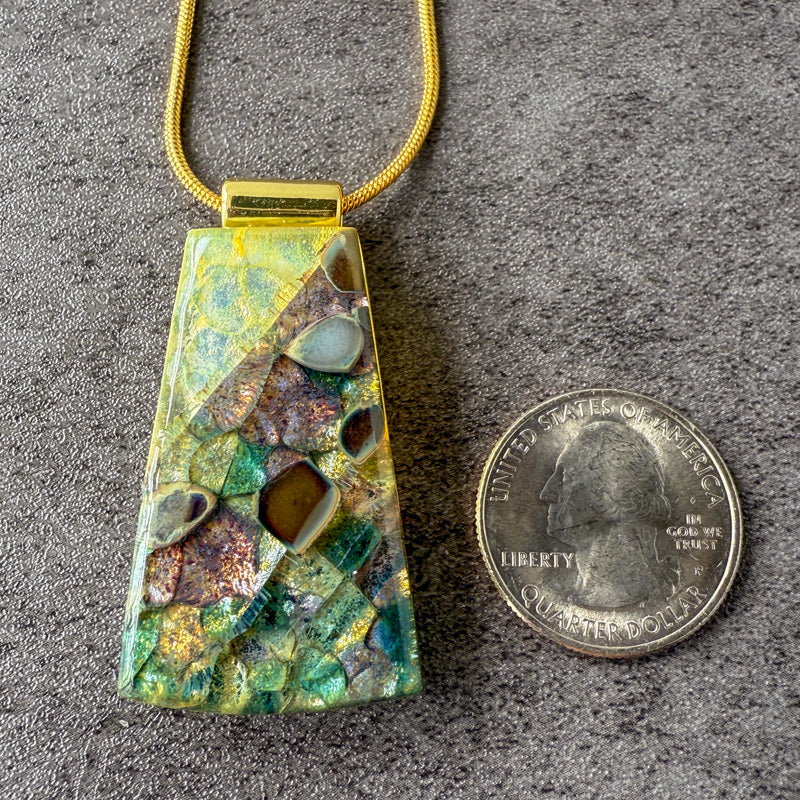 Twilight Grove, Glimmerstone Fused Glass Necklace, green, multicolor, gold