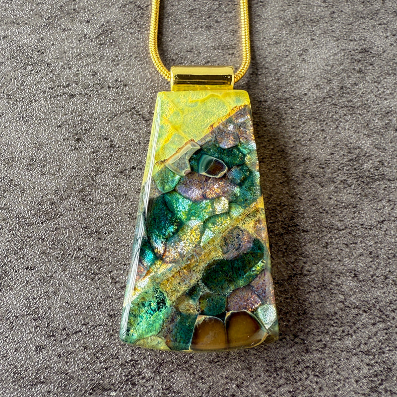 Mystwood Echo, Glimmerstone Fused Glass Necklace, green, multicolor, gold