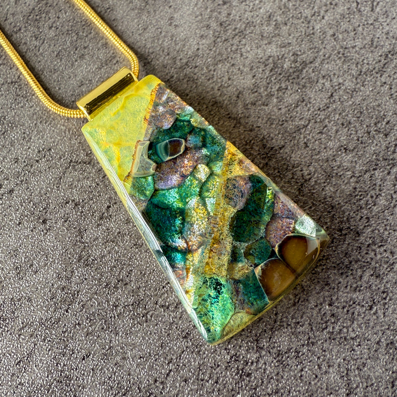 Mystwood Echo, Glimmerstone Fused Glass Necklace, green, multicolor, gold