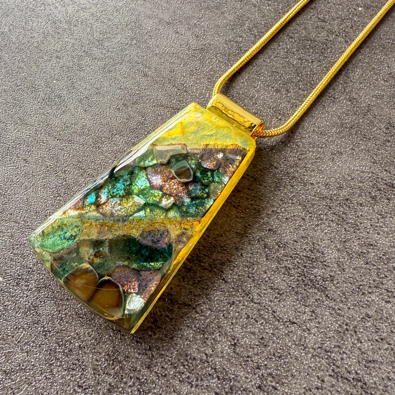 Mystwood Echo, Glimmerstone Fused Glass Necklace, green, multicolor, gold