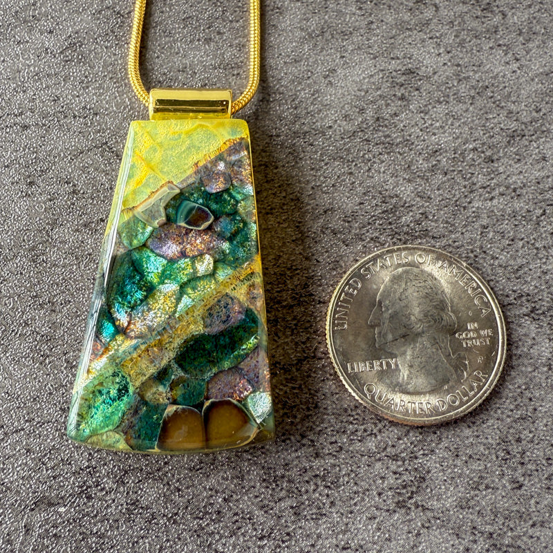 Mystwood Echo, Glimmerstone Fused Glass Necklace, green, multicolor, gold