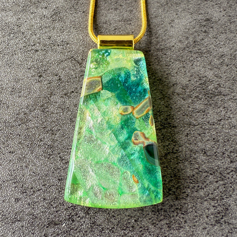 Mossglint, Glimmerstone Fused Glass Necklace, green, gold