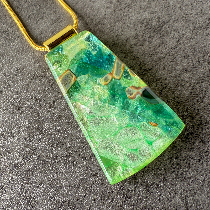 Mossglint, Glimmerstone Fused Glass Necklace, green, gold