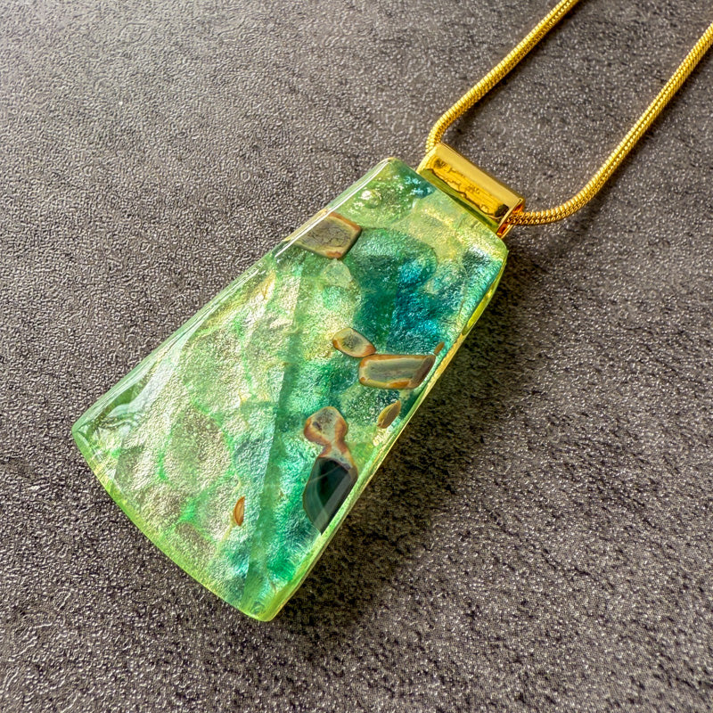 Mossglint, Glimmerstone Fused Glass Necklace, green, gold