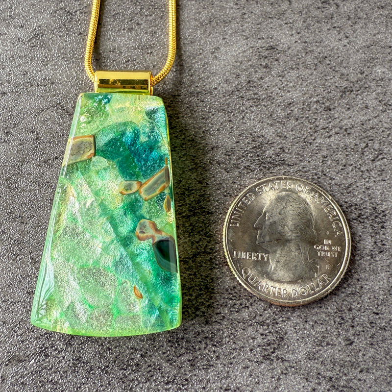 Mossglint, Glimmerstone Fused Glass Necklace, green, gold
