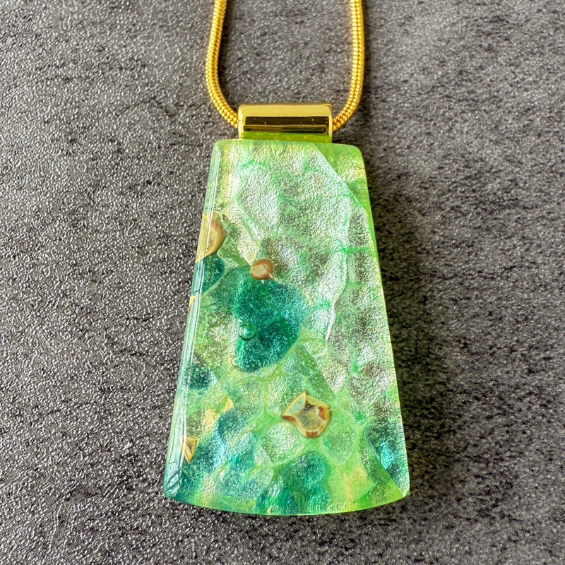 Gladewrought, Glimmerstone Fused Glass Necklace, green, gold