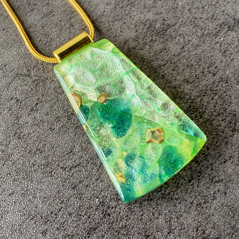 Gladewrought, Glimmerstone Fused Glass Necklace, green, gold