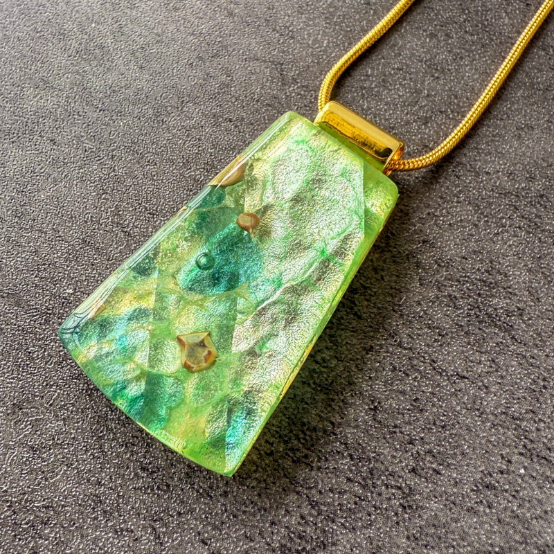 Gladewrought, Glimmerstone Fused Glass Necklace, green, gold