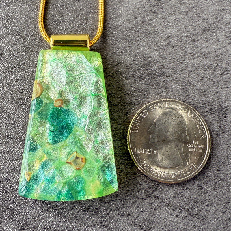 Gladewrought, Glimmerstone Fused Glass Necklace, green, gold