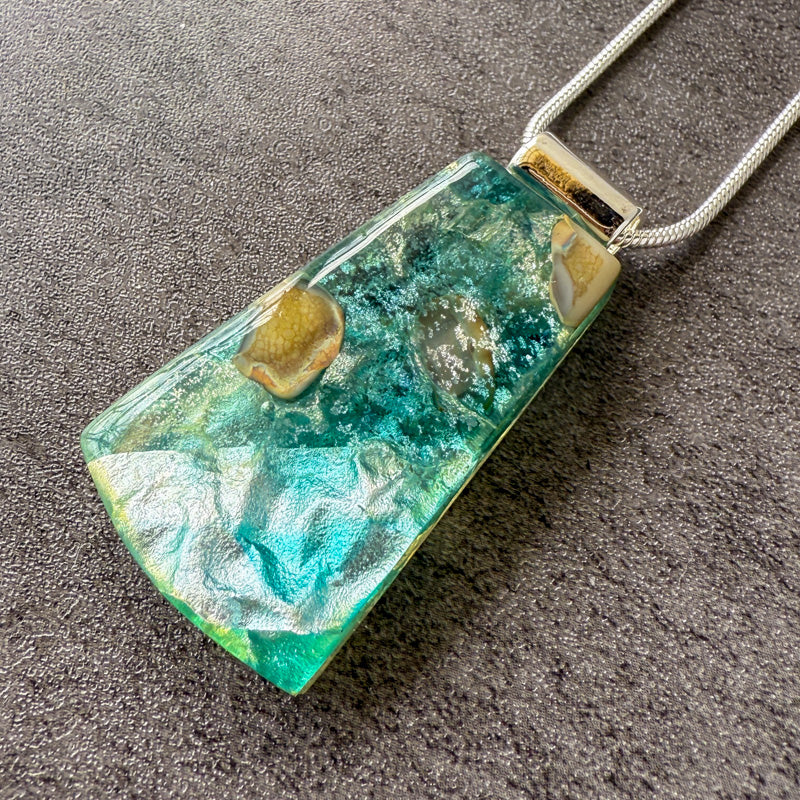 Frozen Whisper, Glimmerstone Fused Glass Necklace, blue, aqua, silver