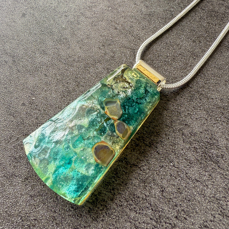 Mist of Valen, Glimmerstone Fused Glass Necklace, blue, aqua, silver