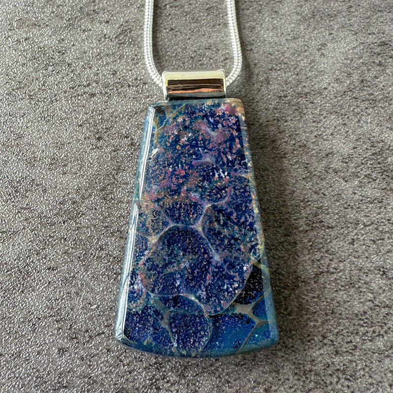 Echo of Midnight, Glimmerstone Fused Glass Necklace, multicolor, silver