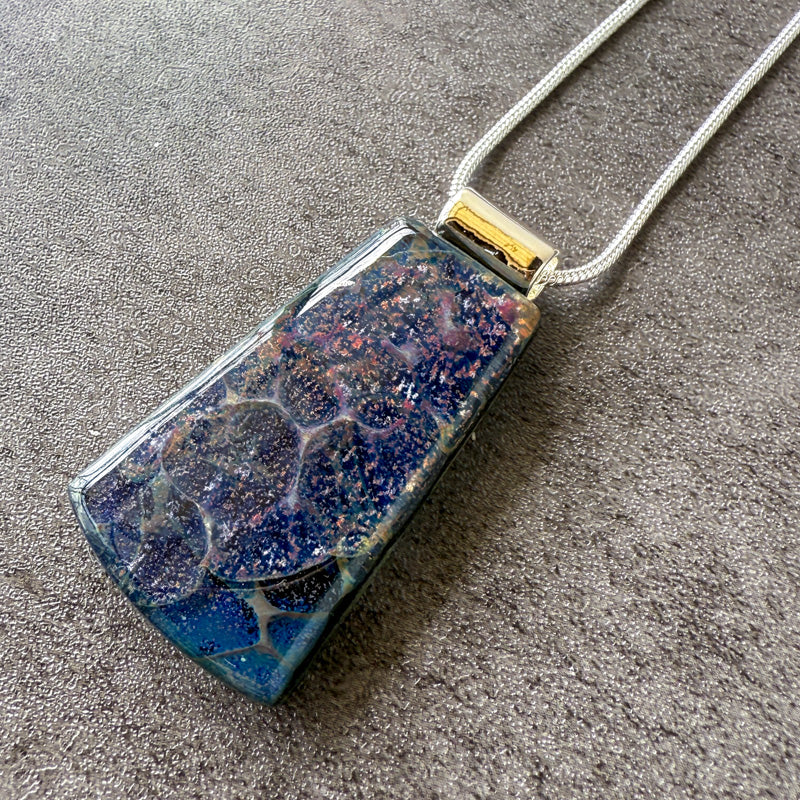 Echo of Midnight, Glimmerstone Fused Glass Necklace, multicolor, silver