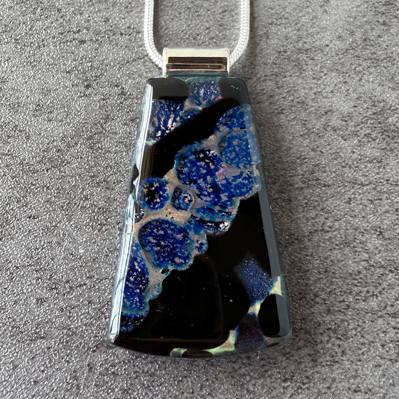 Shard of Nocturne, Glimmerstone Fused Glass Necklace, black, blue, silver