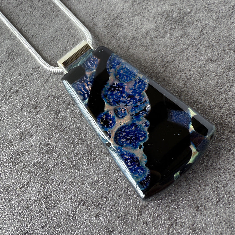 Shard of Nocturne, Glimmerstone Fused Glass Necklace, black, blue, silver