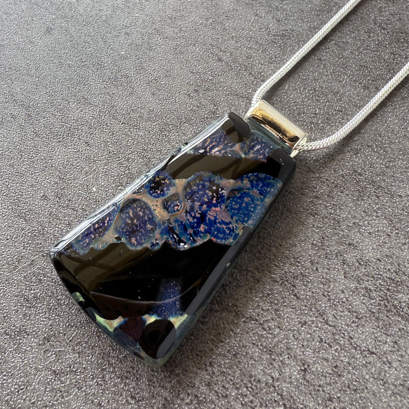 Shard of Nocturne, Glimmerstone Fused Glass Necklace, black, blue, silver