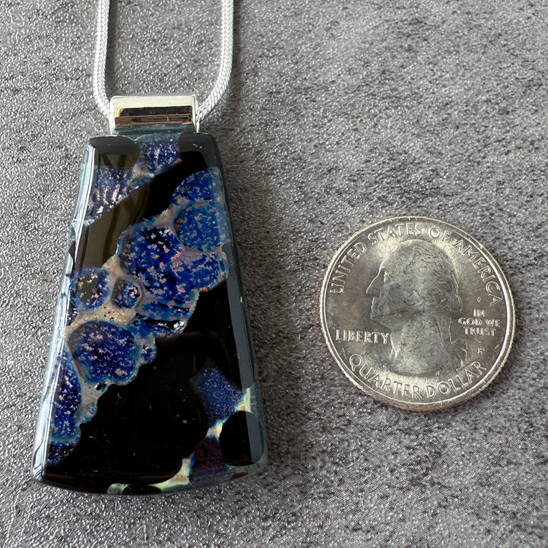 Shard of Nocturne, Glimmerstone Fused Glass Necklace, black, blue, silver