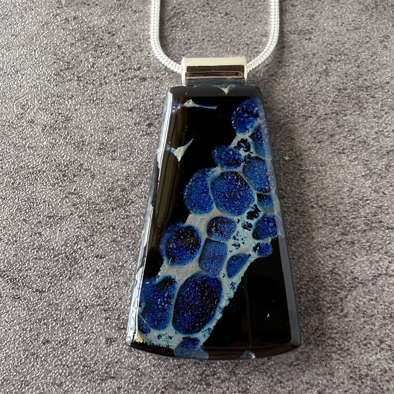 Starshale, Glimmerstone Fused Glass Necklace, black, blue, silver