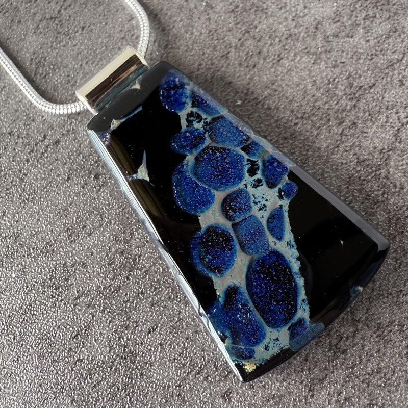 Starshale, Glimmerstone Fused Glass Necklace, black, blue, silver