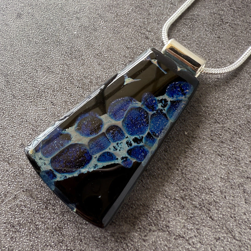 Starshale, Glimmerstone Fused Glass Necklace, black, blue, silver