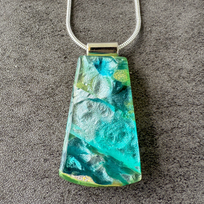 Deepstone Shimmer, Glimmerstone Fused Glass Necklace, blue, aqua, silver