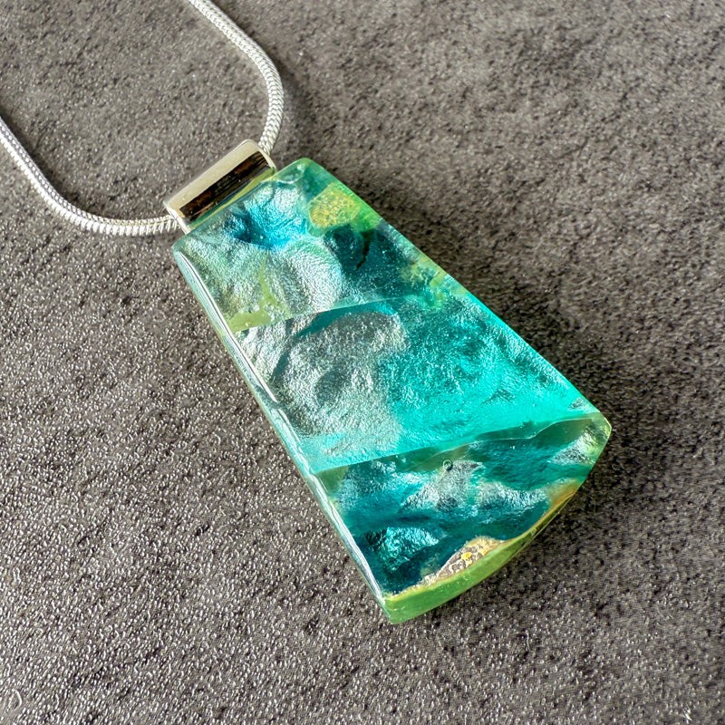 Deepstone Shimmer, Glimmerstone Fused Glass Necklace, blue, aqua, silver