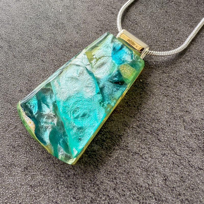 Deepstone Shimmer, Glimmerstone Fused Glass Necklace, blue, aqua, silver