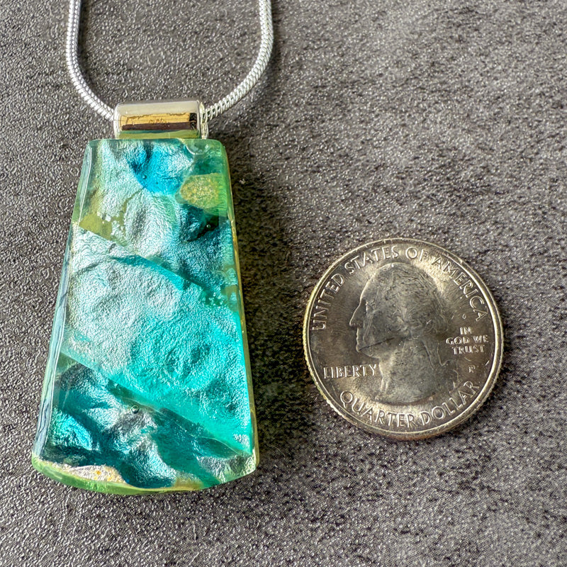 Deepstone Shimmer, Glimmerstone Fused Glass Necklace, blue, aqua, silver