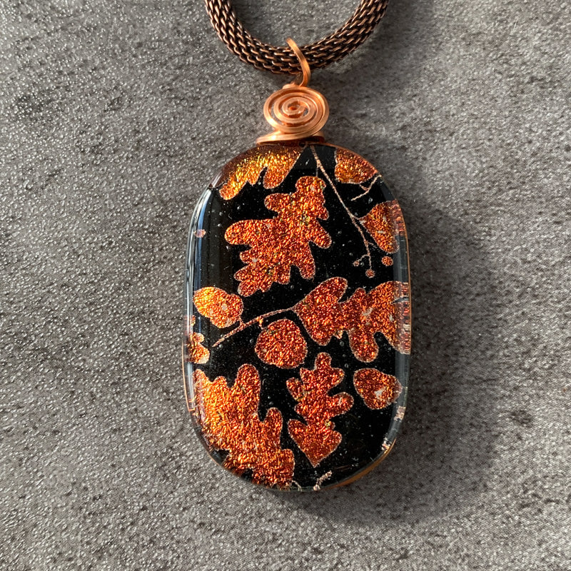 Dancing Acorns, Copper Dichroic Glass Necklace
