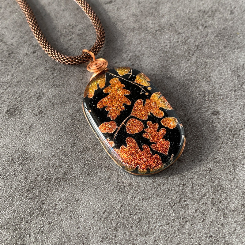 Dancing Acorns, Copper Dichroic Glass Necklace