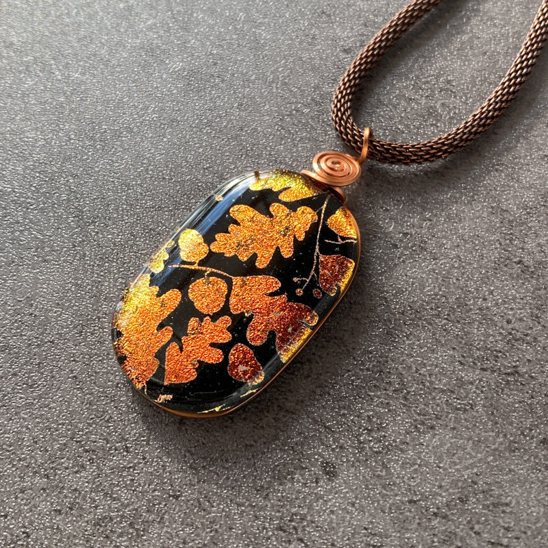 Dancing Acorns, Copper Dichroic Glass Necklace