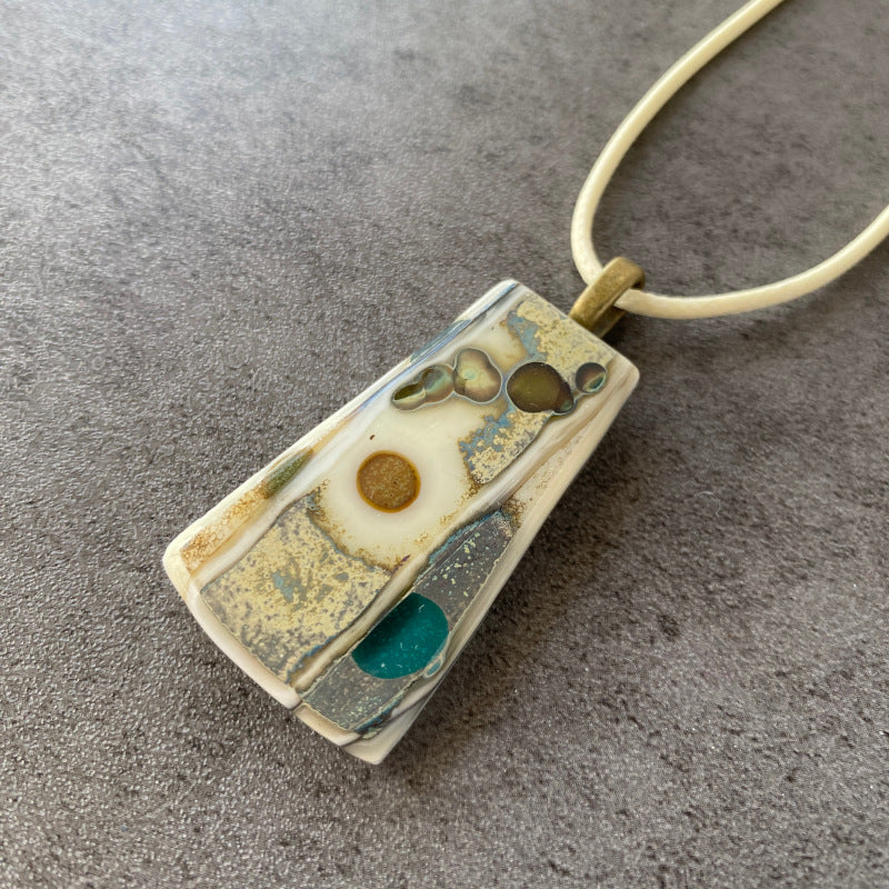 Forgotten Coast, Ancient Relic Style Fused Glass Necklace, aqua, cream