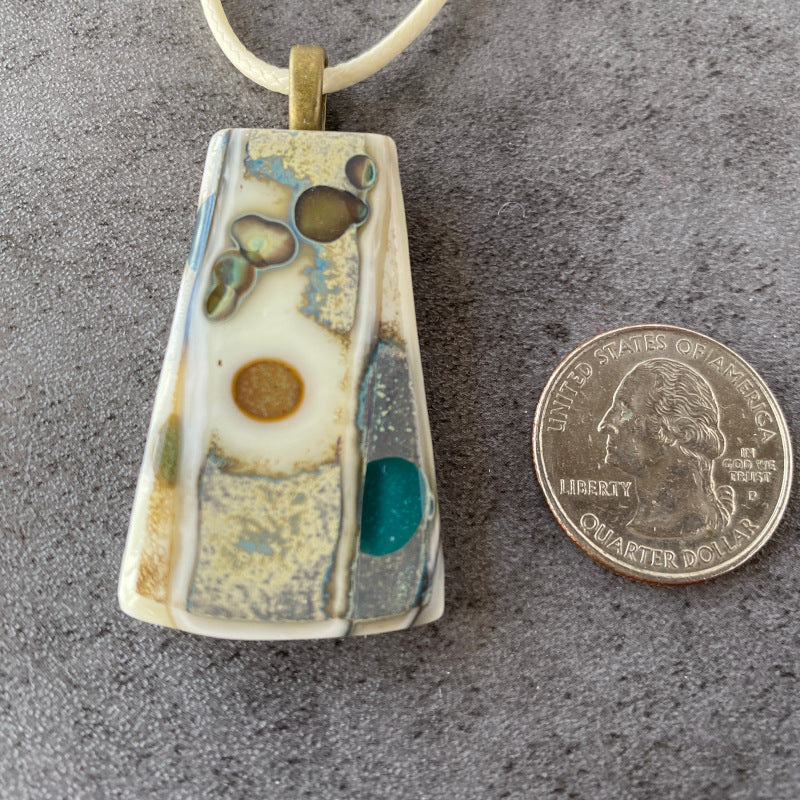 Forgotten Coast, Ancient Relic Style Fused Glass Necklace, aqua, cream