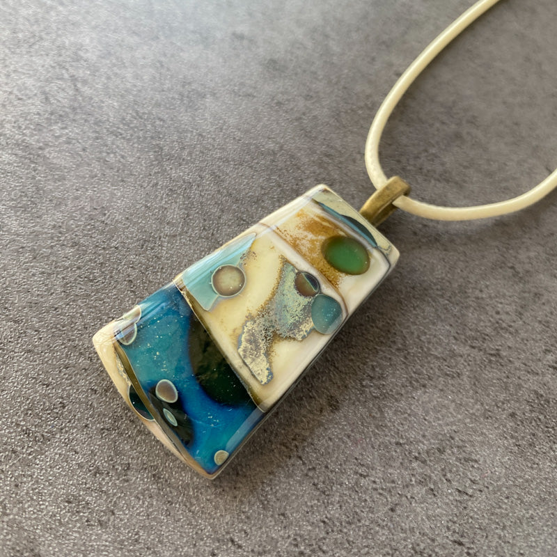 Mediterranean Mist, Ancient Relic Style Fused Glass Necklace, blue, cream