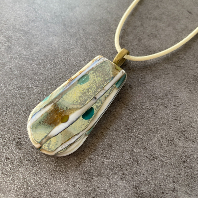 Great Excavations, Ancient Relic Style Fused Glass Necklace, aqua, cream