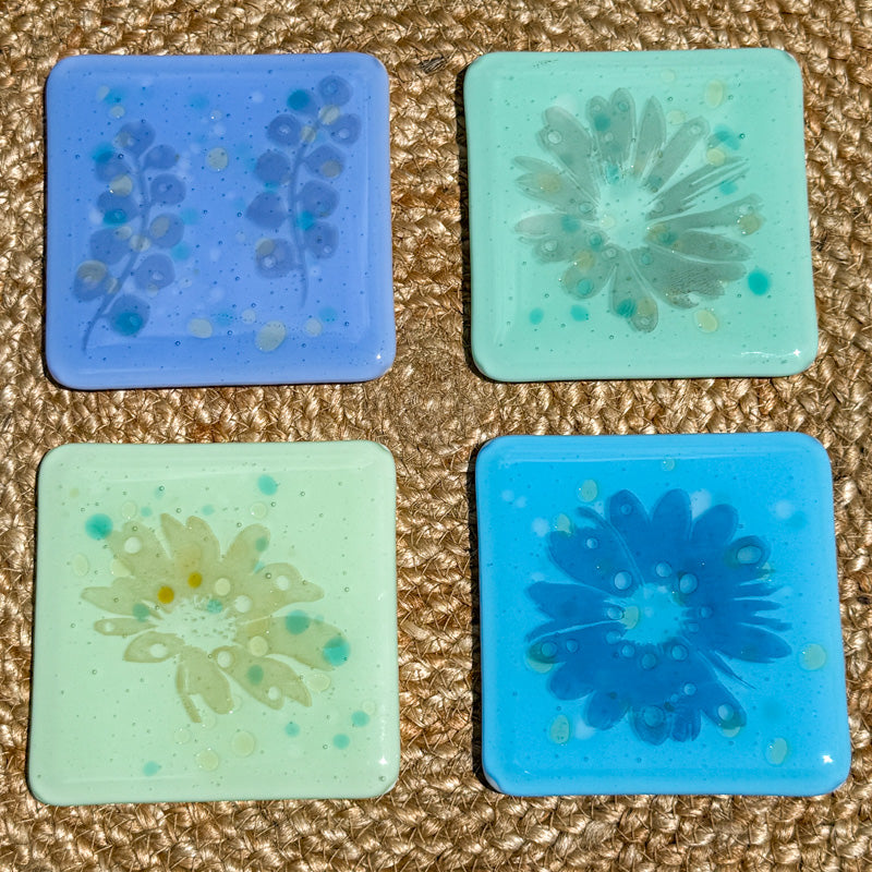 Whispers of Bloom, Summer Breeze Collection coaster set, blues & greens